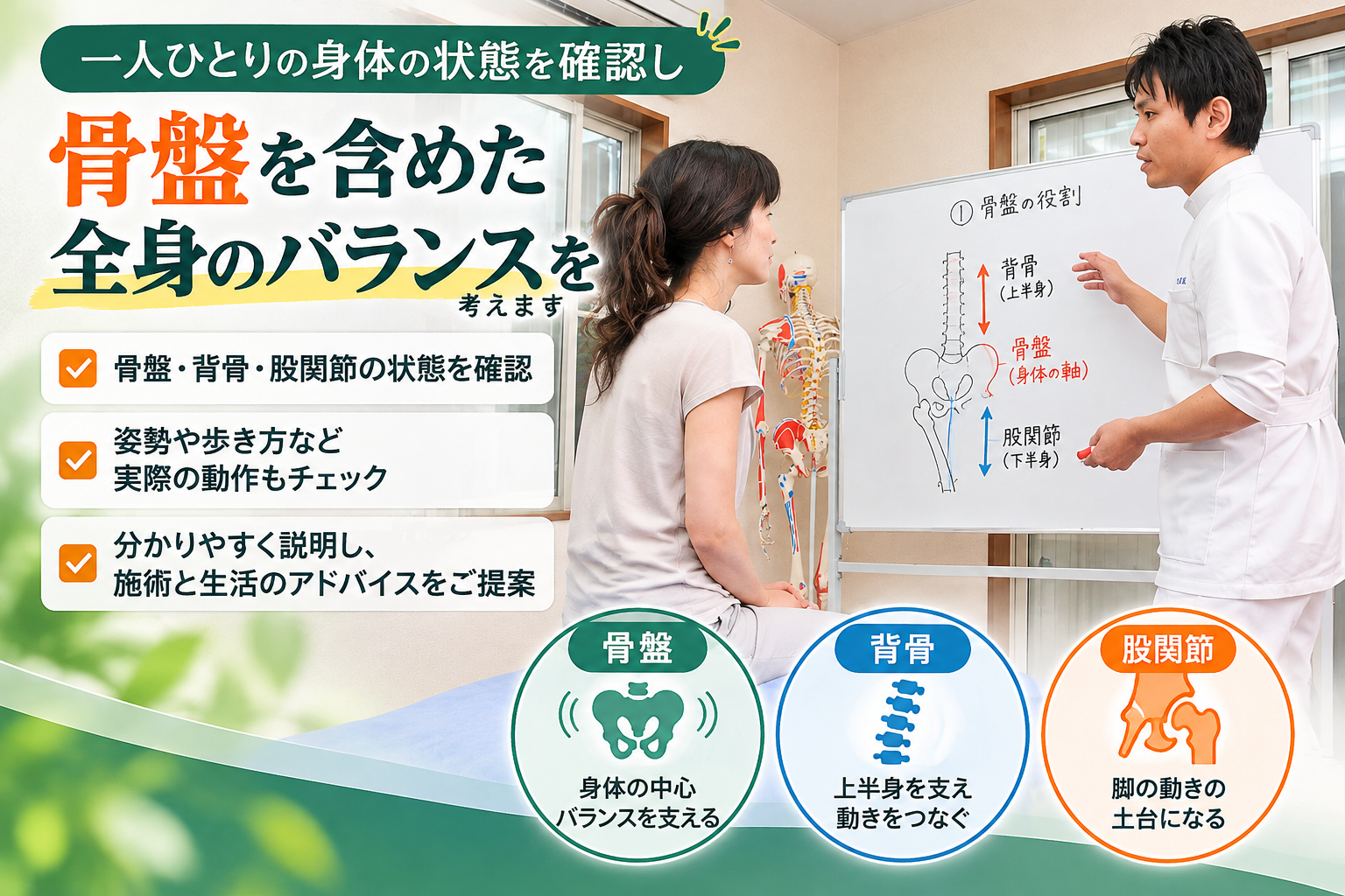 久が原整体院で、骨盤・背骨・股関節の状態や姿勢・歩き方を確認し、身体全体のバランスと動きについて説明する施術者と患者の様子