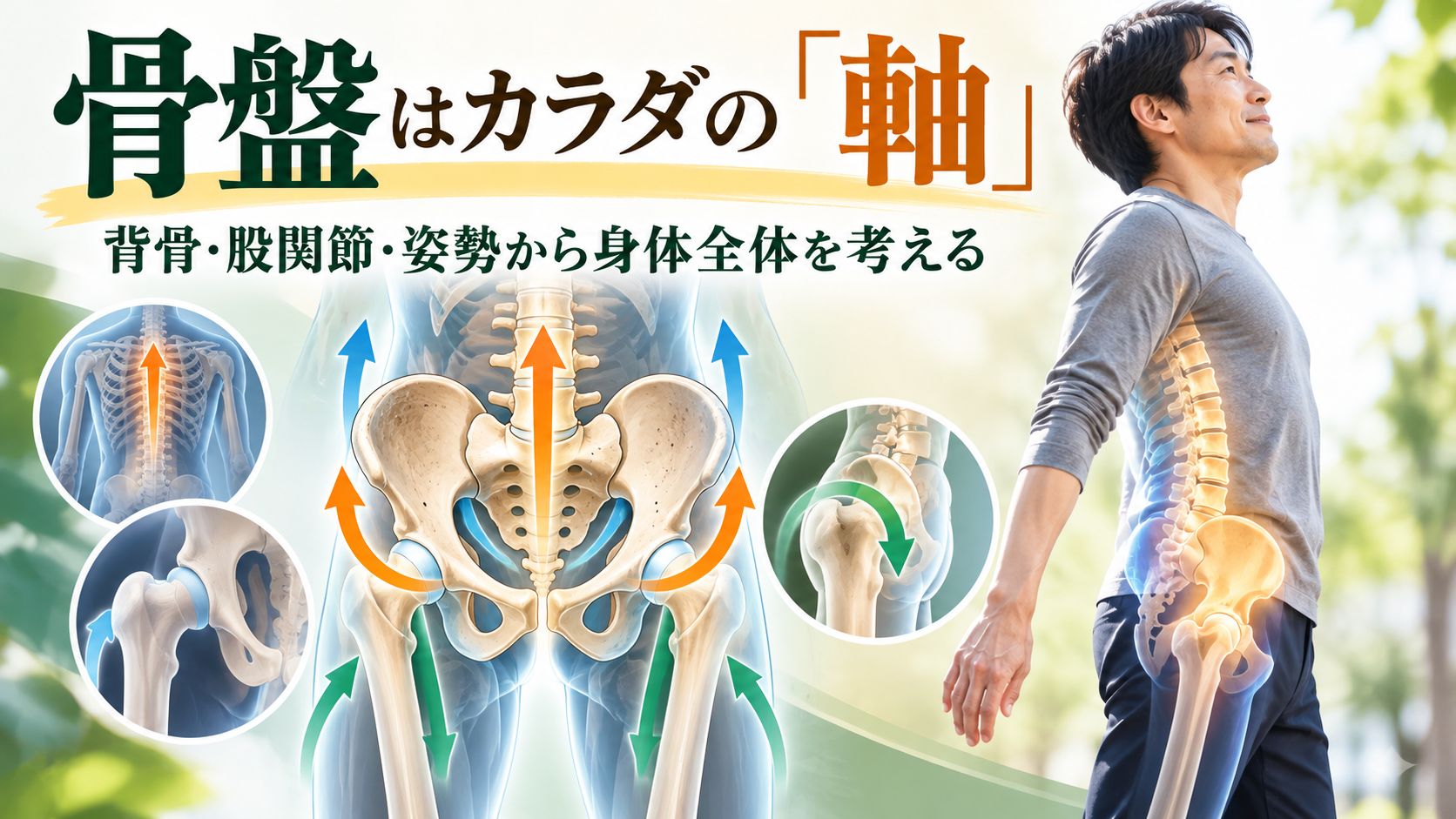 骨盤はカラダの軸という考え方を、背骨・股関節・姿勢と全身のつながりから説明した男性モデル入りの図解