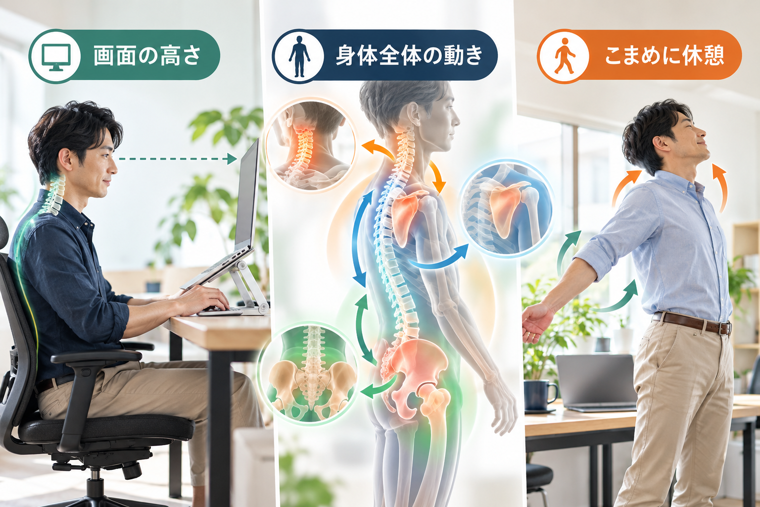 ストレートネック対策として、パソコン画面の高さの調整、首から骨盤までの身体全体の動きの確認、こまめな休憩やストレッチを紹介する図。