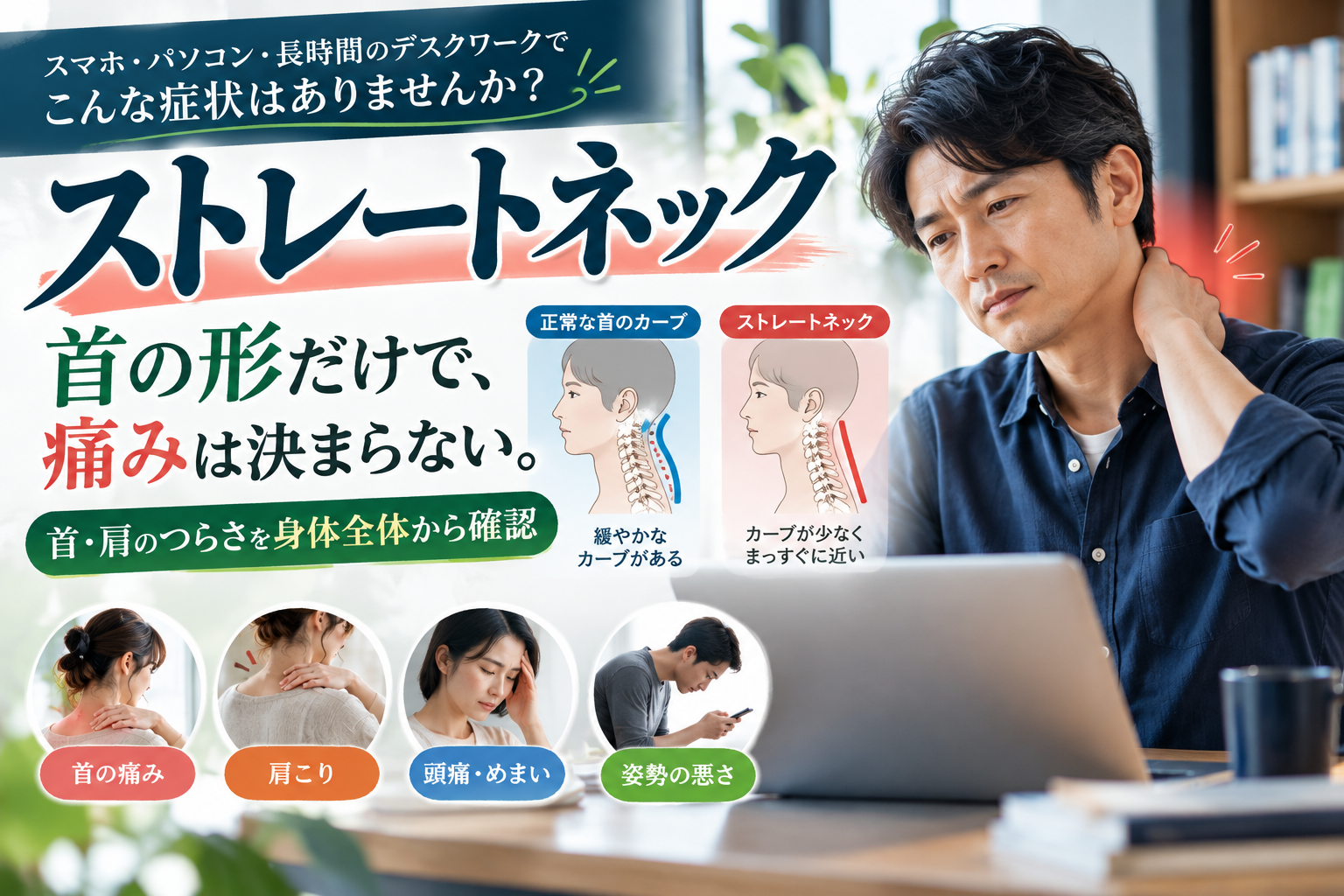 ストレートネックによる首の痛みや肩こりに悩む男性と、首のカーブの違いを示す図解。久が原整体院では首だけでなく身体全体の動きを確認します。