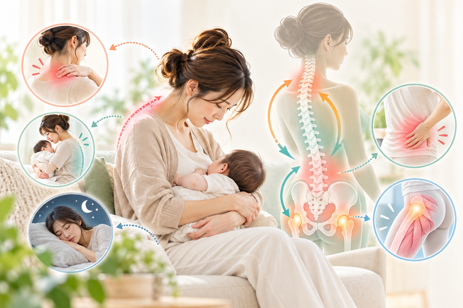 産後の授乳姿勢や睡眠不足、首・肩・腰・股関節への負担を示す図。久が原整体院では姿勢や身体全体の動きを確認します。
