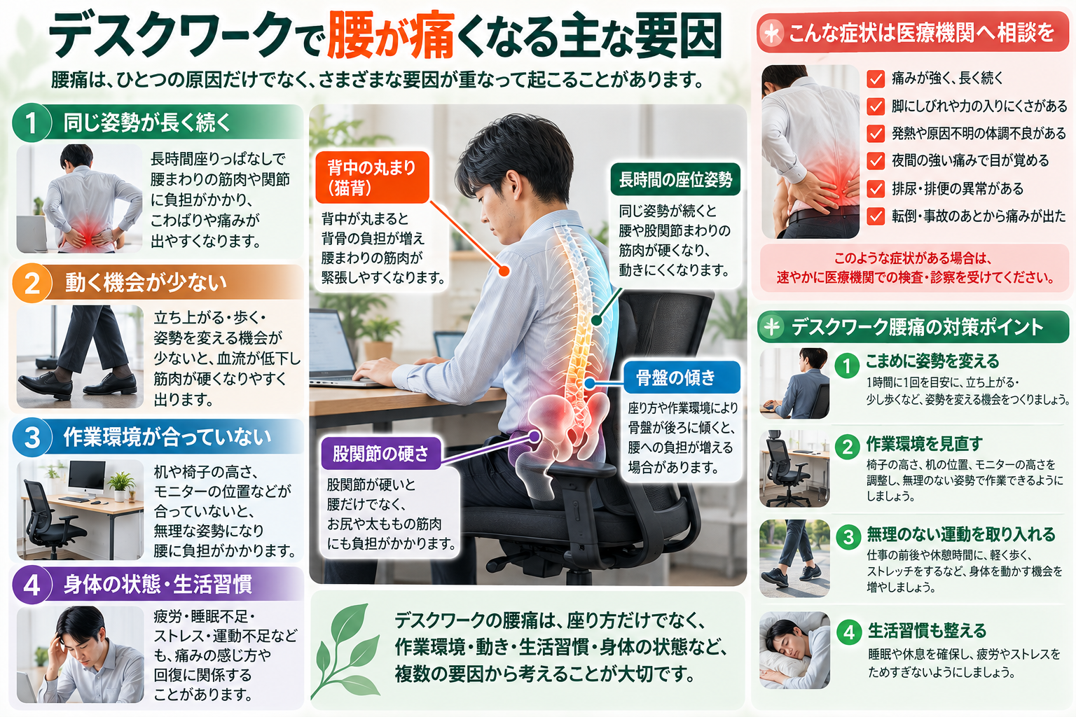 デスクワーク腰痛の主な要因を解説する図。長時間同じ姿勢で座ること、身体を動かす機会の少なさ、机や椅子などの作業環境、疲労や睡眠不足などの生活要因と、日常でできる対策や医療機関に相談したい症状を紹介