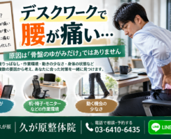 デスクワークで腰が痛い男性のイメージ。長時間の座りっぱなしや動く機会の少なさ、机・椅子などの作業環境、身体全体の状態など、骨盤のゆがみだけに限らない腰痛の要因を解説する大田区・久が原整体院の案内画像
