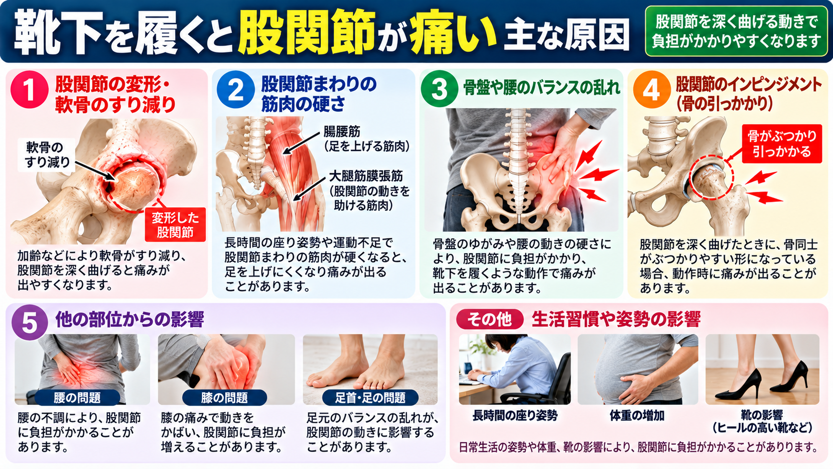 靴下を履くと股関節が痛いときに考えられる、股関節の変形や軟骨のすり減り、周囲の筋肉の硬さ、骨盤や腰のバランス、股関節の骨同士の引っかかり、腰・膝・足の影響を解説する図解。