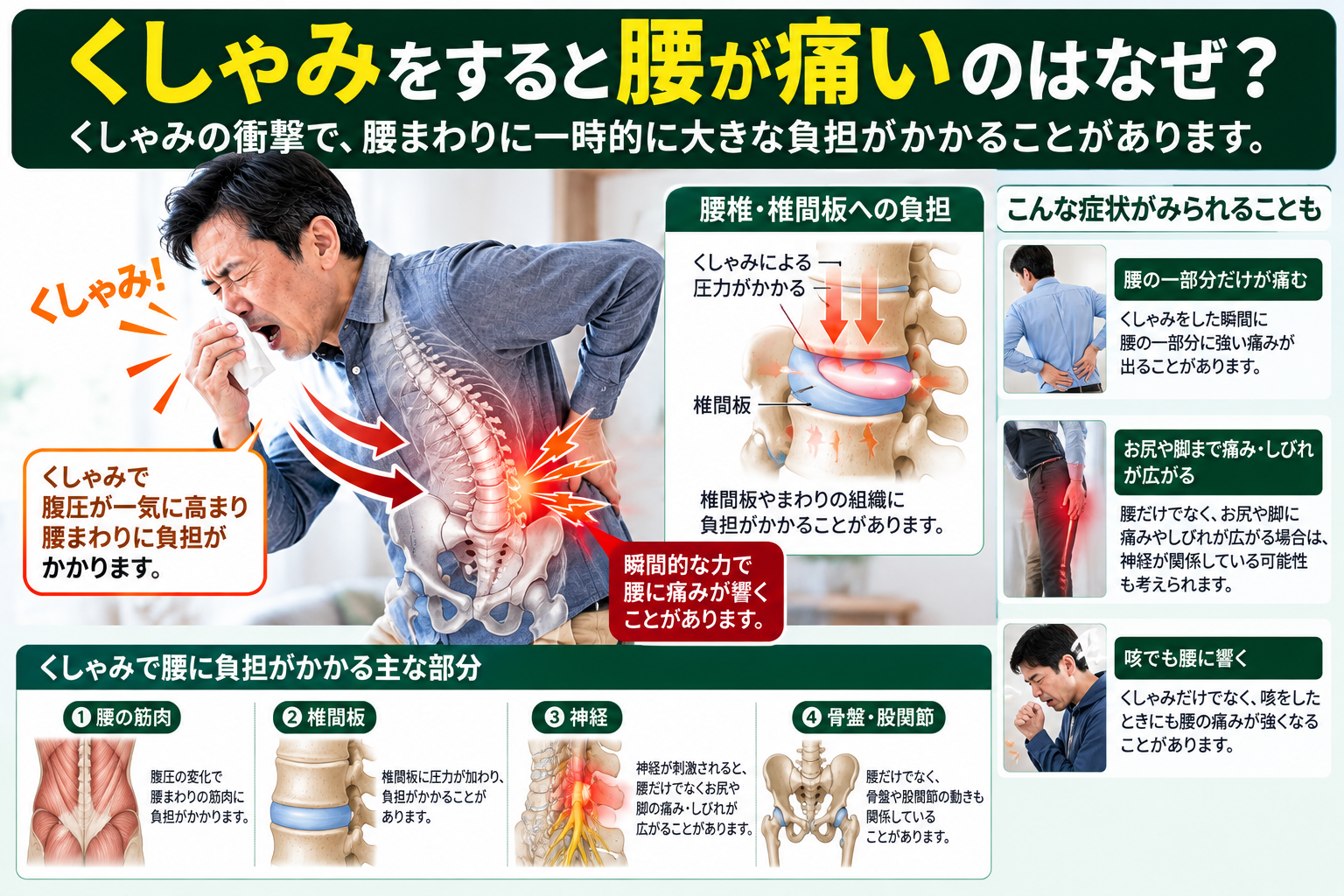 くしゃみをすると腰が痛い原因を解説する図解。腰の筋肉、椎間板、神経、骨盤・股関節への負担や、お尻・脚に痛みやしびれが広がる症状を紹介。