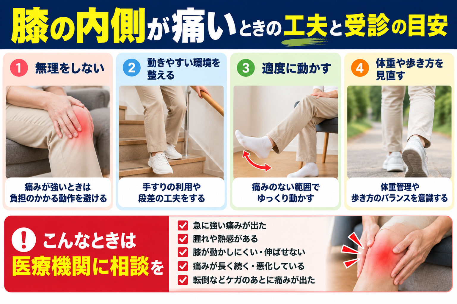 膝の内側が痛いときの工夫として、無理をしない、手すりを使う、痛みのない範囲で動く、歩き方を見直す方法と、医療機関への相談目安を紹介する図解。