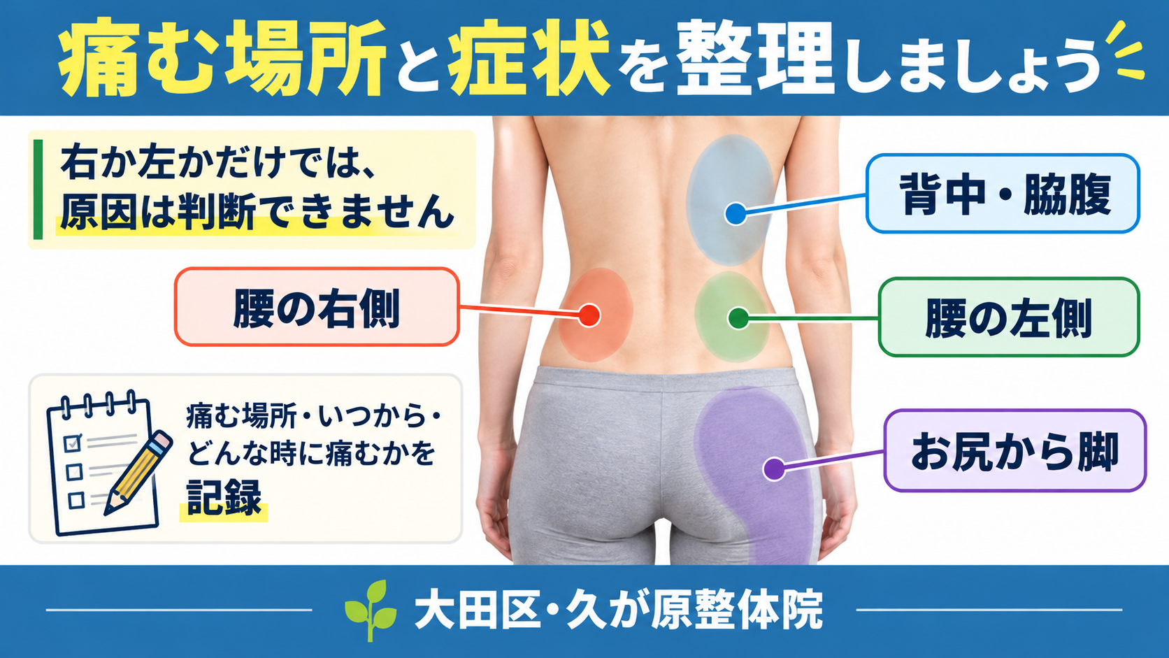 腰痛の痛む場所を整理するため、背中と腰の右側・左側、脇腹、お尻から脚にかけての位置を図で示した解説画像。痛む側だけでは原因を判断できないことを伝える。