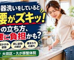 食器洗い中に腰の痛みを感じる女性と、前かがみの姿勢や同じ姿勢の継続など、キッチンで腰に負担がかかる要因を紹介する大田区・久が原整体院の画像