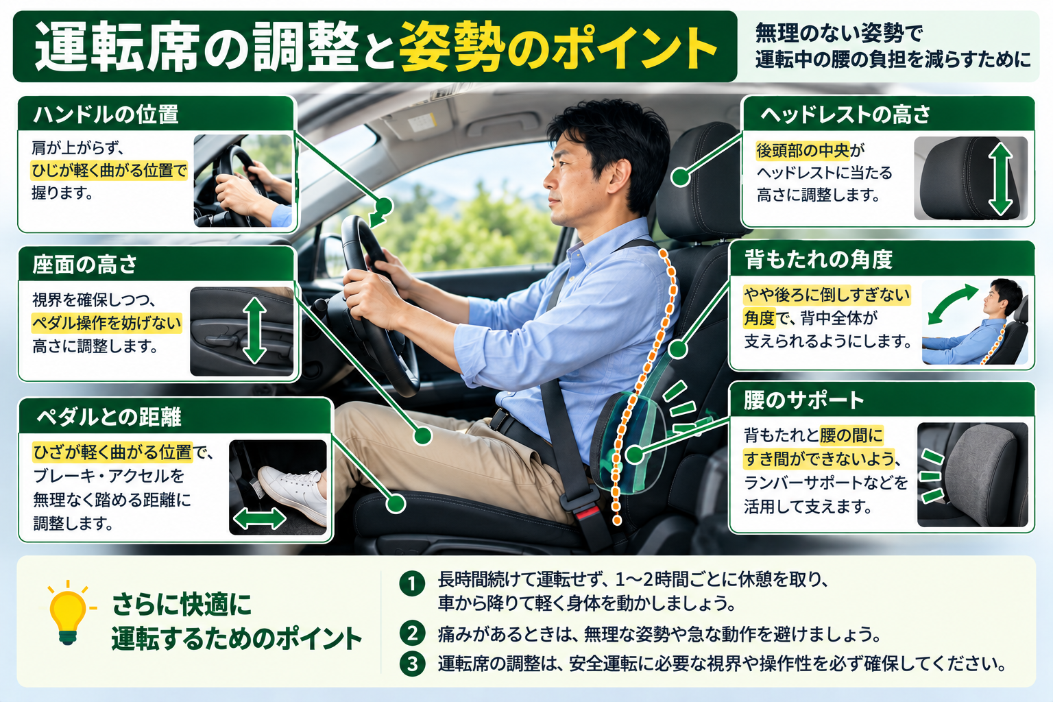 車の運転で腰が痛いときに見直したい運転席の調整と姿勢のポイント