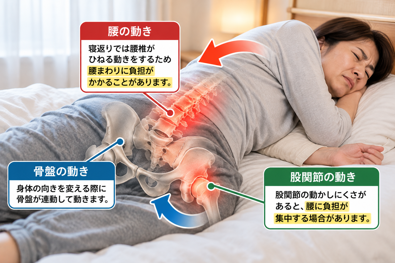 寝返りをすると腰が痛い原因を解説する画像|腰椎・骨盤・股関節の動きと腰への負担