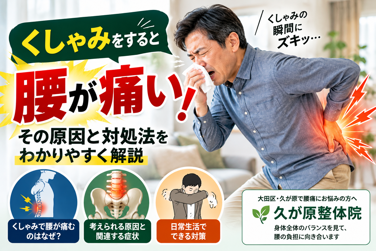 くしゃみをすると腰が痛い原因と対処法を解説する久が原整体院の記事画像。腰痛を感じる男性と腰椎・骨盤のイラストを掲載。
