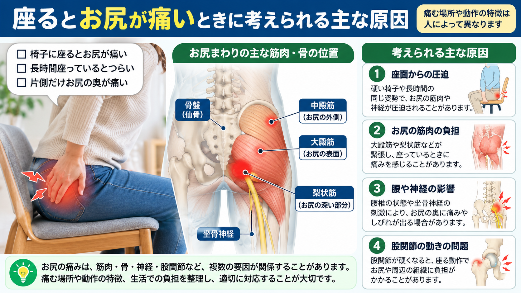 座るとお尻が痛いときに考えられる原因と、骨盤・お尻の筋肉・坐骨神経・股関節の位置を示した図解