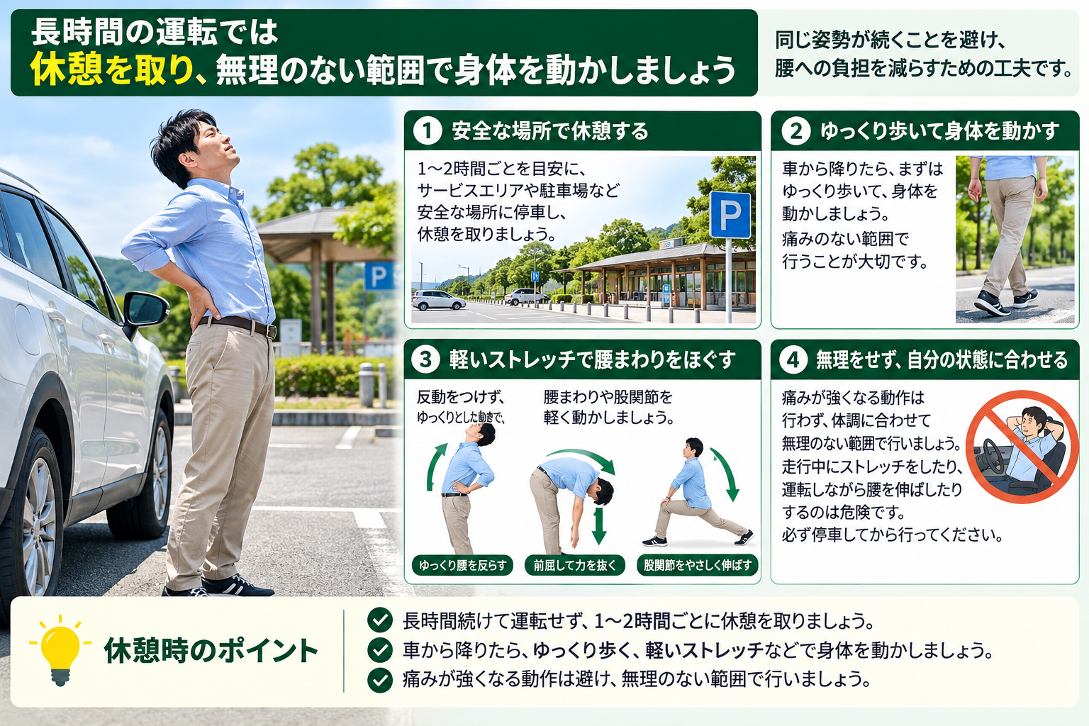 車の長時間運転による腰の負担を減らすための休憩方法。安全な場所で休憩し、ゆっくり歩くことや、痛みのない範囲で腰まわりや股関節を動かす工夫を紹介する図解。