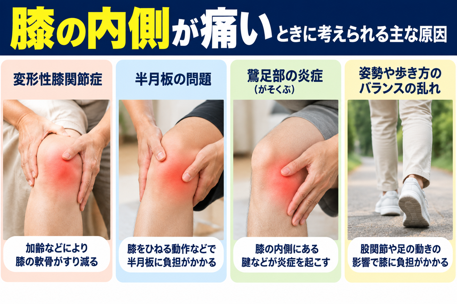 膝の内側が痛いときに考えられる変形性膝関節症、半月板の問題、鵞足部の炎症、姿勢や歩き方による負担を解説する図解。