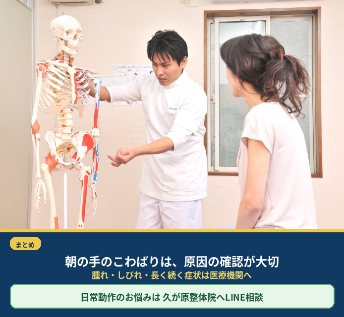 朝の手のこわばりのまとめ。腫れやしびれ、長く続く症状は医療機関へ相談し、日常動作の悩みは久が原整体院へLINEで相談することを案内する画像。
