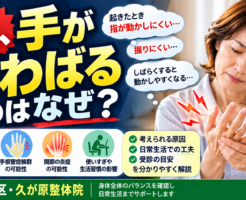 朝、手がこわばり指が動かしにくい悩みについて、ばね指・腱鞘炎、手根管症候群、関節の炎症など考えられる原因や日常生活の工夫、受診の目安を解説する久が原整体院のイメージ画像。
