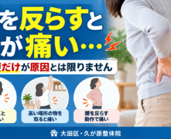 腰を反らすと腰が痛くなり、腰に手を当てている人のイメージ。反り腰だけが原因とは限らないことと、上を向く・高い場所の物を取る・腰を反らす動作で痛む場面を紹介する、大田区・久が原整体院の記事トップ画像。