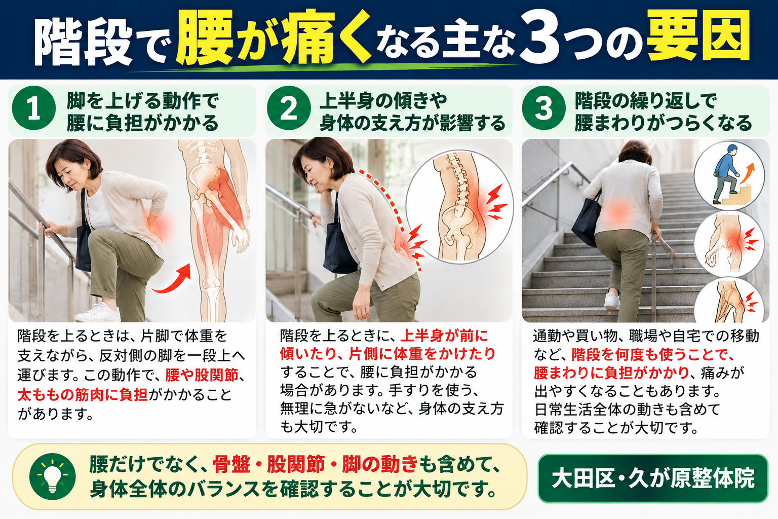 階段で腰が痛くなる主な3つの要因。脚を上げる動作、上半身の傾き、階段の繰り返しと骨盤・股関節の動き