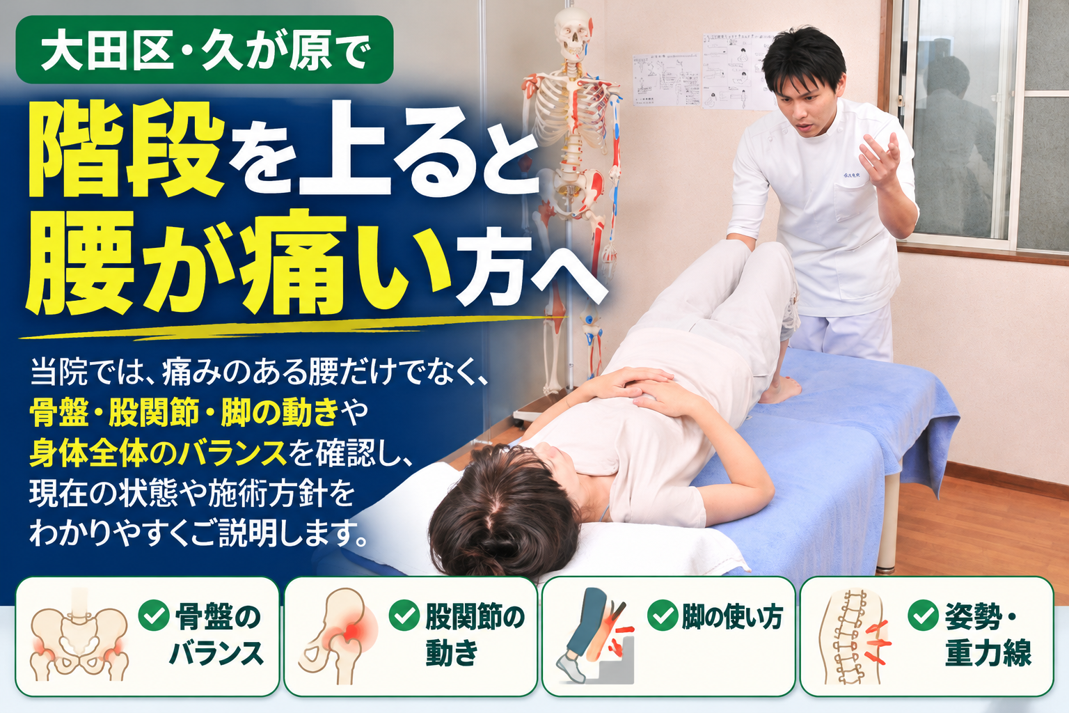 大田区・久が原整体院で、階段を上ると腰が痛い方へ。院内で施術方針を説明する様子と、腰だけでなく骨盤・股関節・脚の動きや姿勢、重力線を確認する整体院の特徴を紹介。