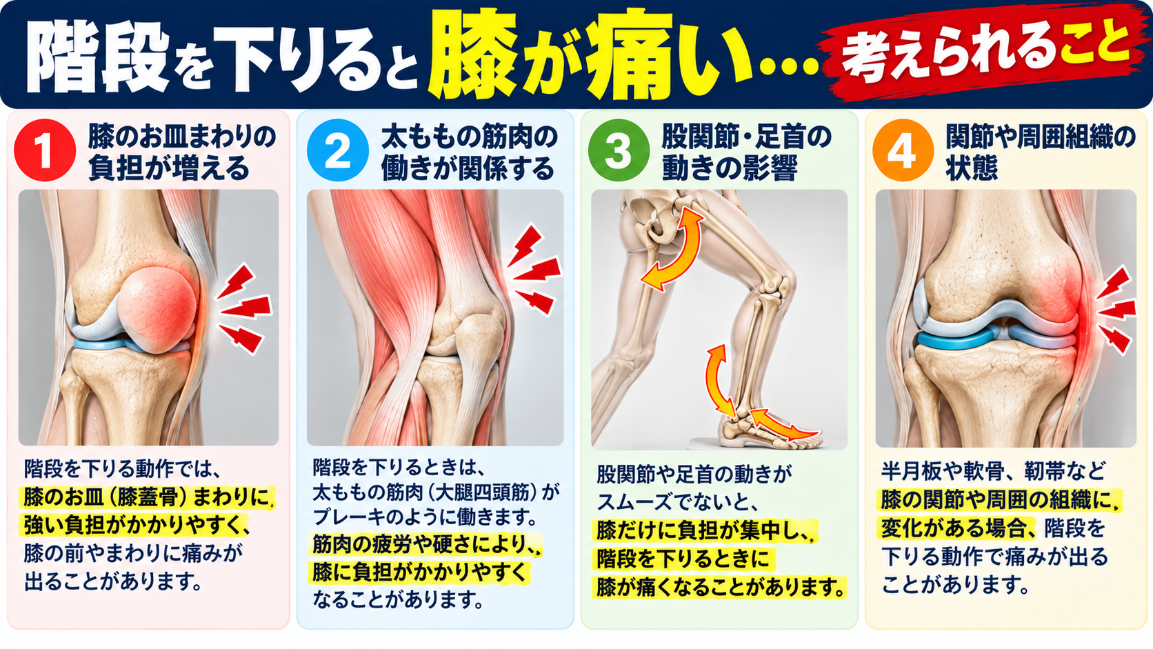 階段を下りると膝が痛む原因と膝・股関節・足首の動きの関係