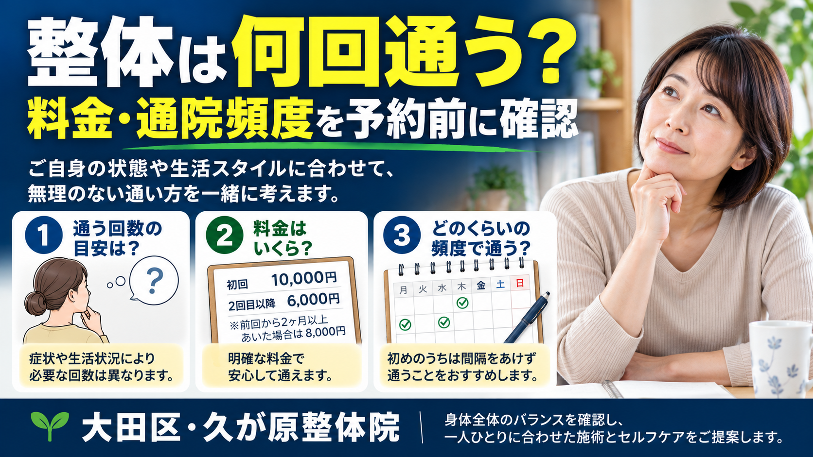 整体は何回通うのか、料金や通院頻度を予約前に確認するポイントを紹介する大田区・久が原整体院の案内画像