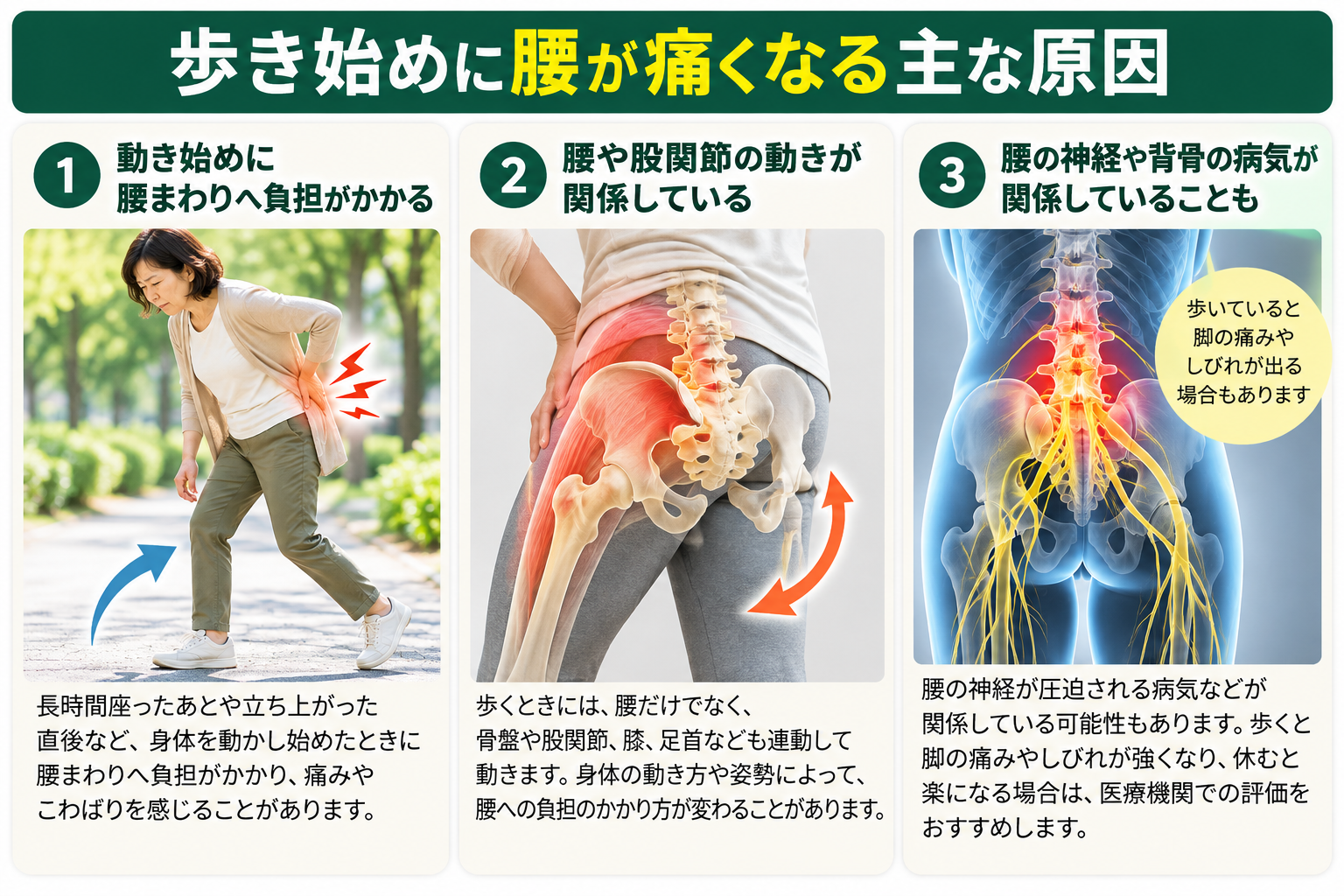 歩き始めに腰が痛くなる原因として考えられる動き始めの負担、腰や股関節の動き、神経や背骨の病気