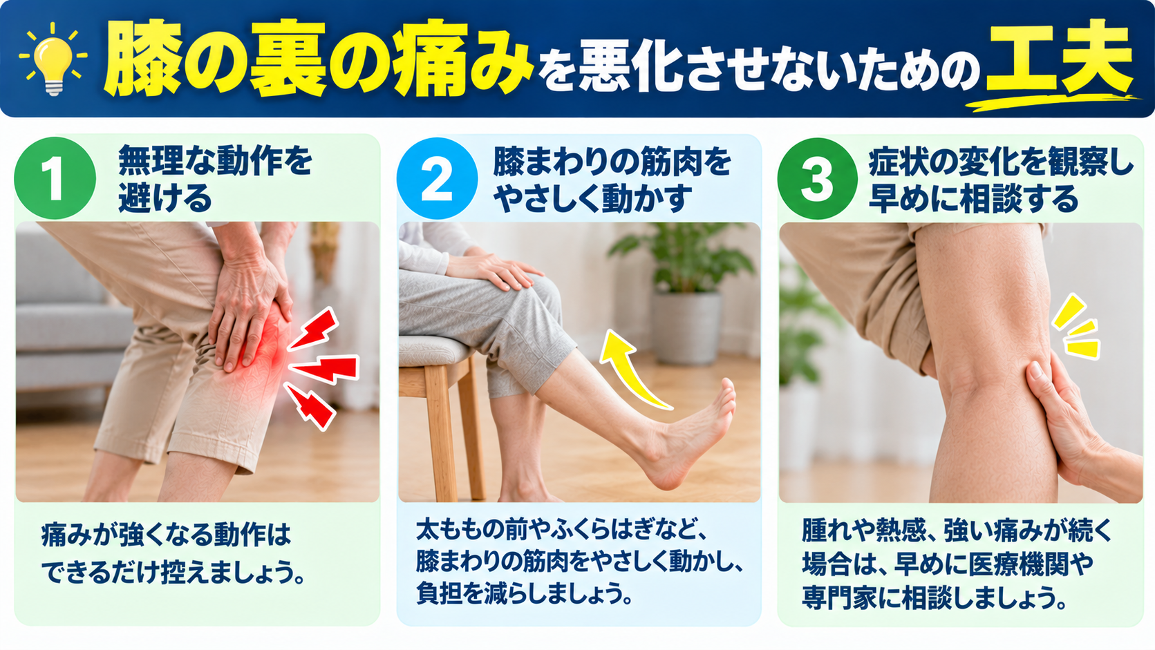 膝の裏の痛みを悪化させないための工夫|痛む動作を避ける、膝まわりをやさしく動かす、症状の変化を観察する