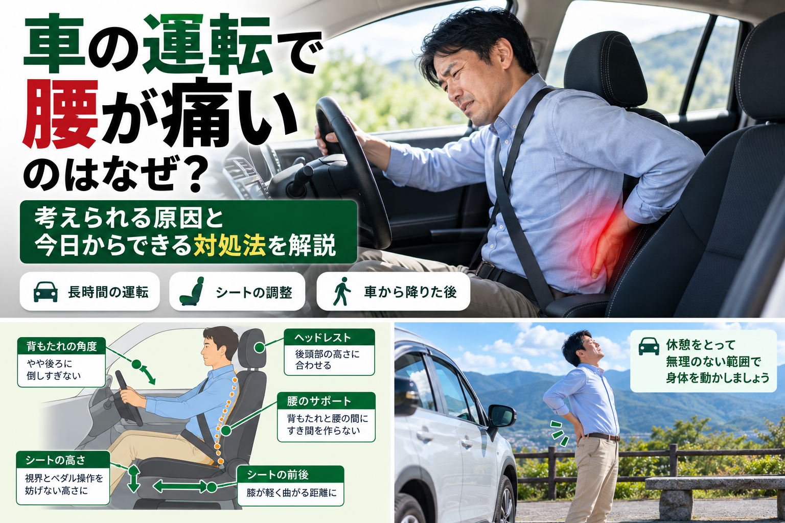 車の運転中に腰の痛みを感じる男性