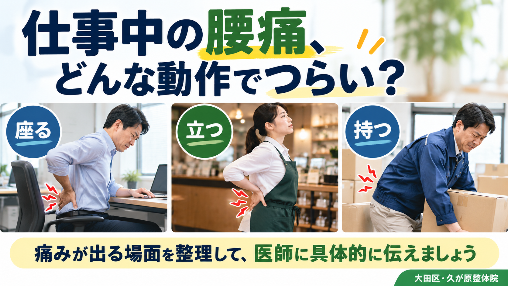 仕事中に腰痛が出る場面として、座る、立つ、荷物を持つ動作を示した解説画像。交通事故後の腰痛について、痛みが出る作業を整理して医師に伝えるポイントを紹介。