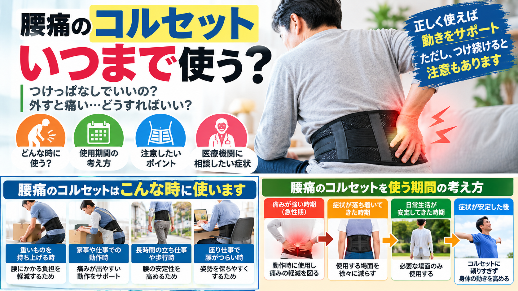 腰痛のコルセットはいつまで使うのかという疑問に対し、使用する目的、期間の考え方、注意点を大きな文字と図解で紹介する、大田区・久が原整体院の記事トップ画像。腰にコルセットを着用した男性と、使用上の注意や医療機関へ相談したい症状を示している。