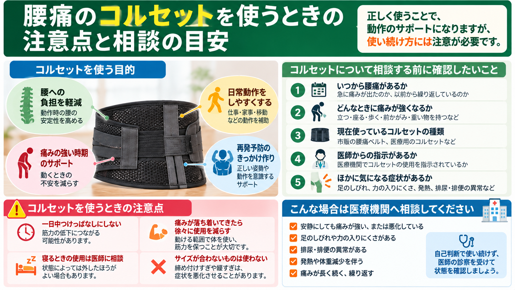 腰痛のコルセットを使う目的、使用時の注意点、相談前に確認したいことをまとめた解説画像。腰への負担を軽減し動作を補助する役割、痛みの経過や医師からの装着指示の確認、長時間の連続使用への注意、しびれや発熱などがある場合の医療機関への相談について紹介する。