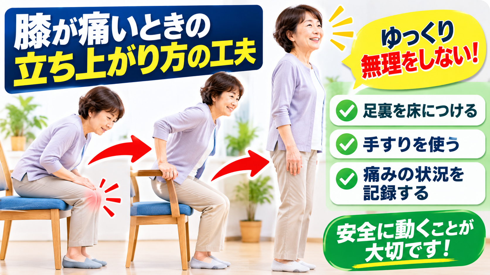膝が痛いときの立ち上がり方の工夫｜足裏を床につける、手すりや肘掛けを使う、無理せずゆっくり動く方法