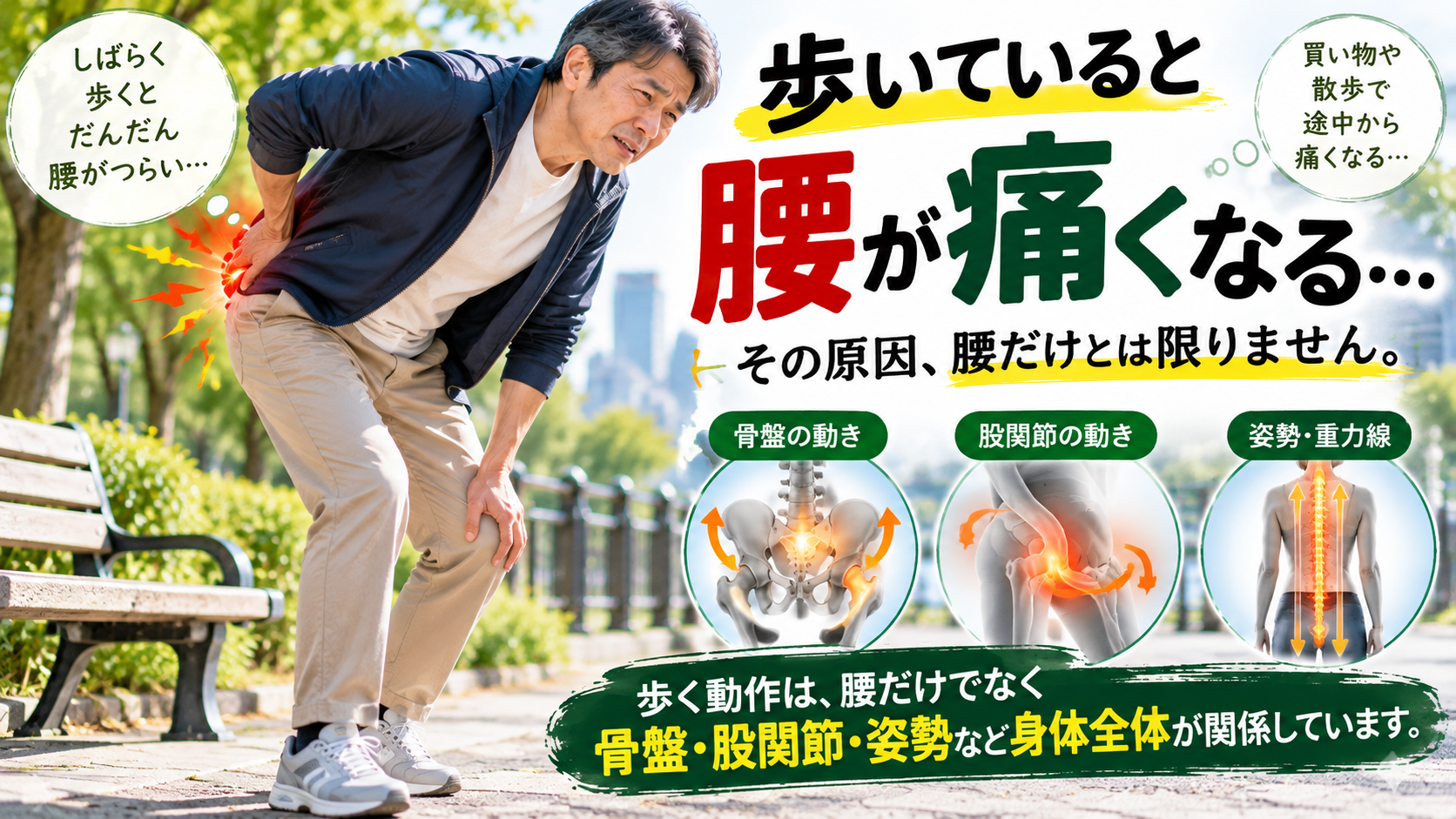 腰痛に関係する骨盤・股関節・姿勢と身体全体の動きを説明する図