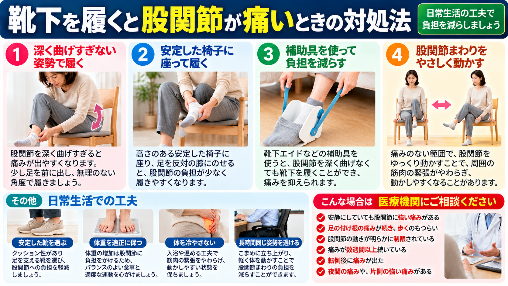 靴下を履くと股関節が痛いときの対処法として、股関節を深く曲げすぎない、安定した椅子に座る、靴下エイドを使う、痛みのない範囲で動かす工夫を紹介する図解。