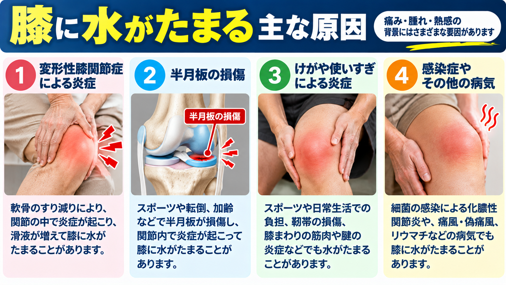 膝に水がたまる主な原因｜変形性膝関節症、半月板の損傷、けがや使いすぎによる炎症、感染症や痛風などの病気｜大田区・久が原整体院