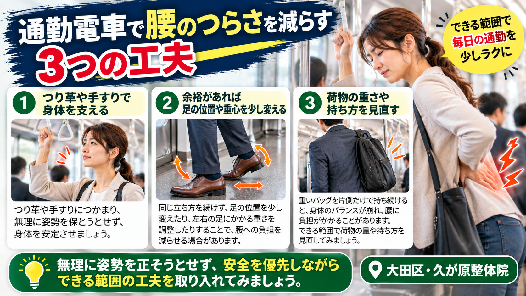 通勤電車で腰がつらいときに試したい3つの工夫を紹介する図解。つり革や手すりで身体を支える、余裕があれば足の位置や重心を少し変える、荷物の重さや持ち方を見直すポイントを説明。大田区・久が原整体院。