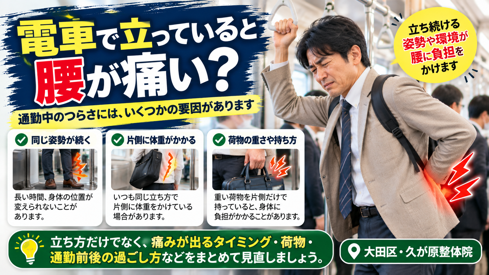 電車で立っていると腰が痛い悩みを伝える画像。通勤中の男性がつり革につかまりながら腰を押さえ、同じ姿勢の継続、片側への体重の偏り、荷物の重さなど、通勤時に腰がつらくなる要因を紹介。大田区・久が原整体院。