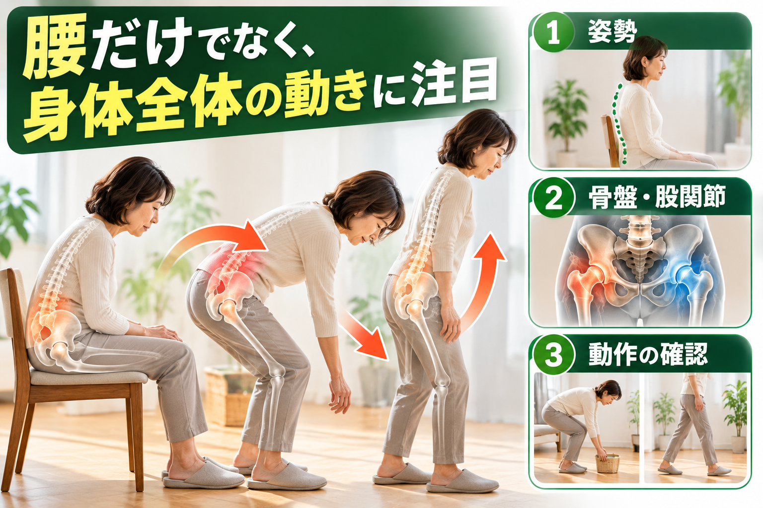 腰痛を考える際に確認したい姿勢、骨盤と股関節、身体全体の動きを示す説明図