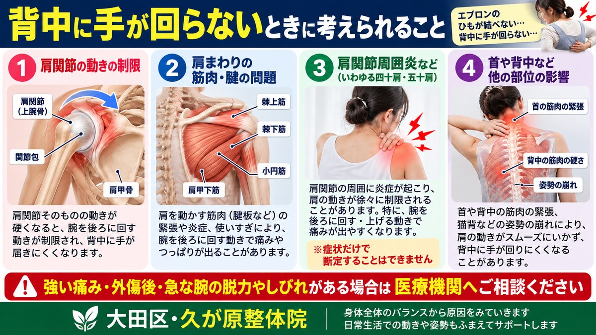 背中に手が回らないときに考えられる肩関節の動きの制限、肩まわりの筋肉や腱の問題、肩関節周囲炎、首や背中など他の部位の影響を解説する図解。